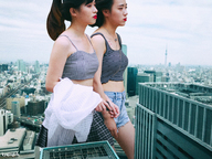 giantess collage city black_hair long_hair clothed buildings asian ponytail shorts walking giantesses women top kyojingirls