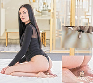 gentle collage black_hair long_hair butt penis barefoot soles kneeling shrunken_man close_up naked_man looking_back looking_at_viewer unitard wrinkles
