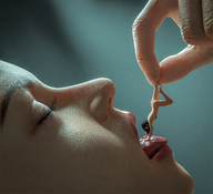 vore tongue mouth face shrunken_woman open_mouth dangle fingers between_fingers imminent_vore digital_render flagg3d