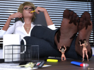 nude blonde long_hair butt glasses domination ponytail foot_worship sitting kneeling office nylons shrunken_woman cage standing pencil desk looking_away lighter digital_render car_keys vorifax