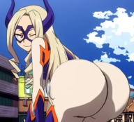 drawing giantess horns city blonde color long_hair butt buildings bending_over mask costume looking_back looking_at_viewer winking my_hero_academia mt._lady