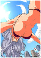 bikini breasts drawing giantess white_hair city color long_hair cleavage buildings low_angle voluptuous point_of_view onlooker sector316