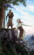gentle long_hair armor sword cleavage knight red_hair mini_giantess kneeling sandals painting standing forest flag cliff chest cg-zander female_troll herr_mannelig