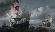 breasts nipples giantess collage blonde long_hair water ocean storm looking_down gullivera navy ships wading sarong fleet