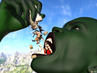 giantess vore handheld horse falling wagon green_skin digital_render barrel vorifax