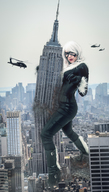 giantess white_hair collage city mega destruction rampage buildings helicopter gloves legs between_legs boot cosplay looking_up thighs catsuit new_york_city empire_state_building looking_at_victims thief black_cat marvel_comics felicia_hardy ia-r-d