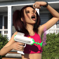 vore black_hair long_hair handheld domination shrunken_man ponytails dangle houses top shrink_gun digital_render vorifax