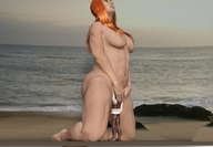 breasts nipples gentle giantess nude aroused long_hair beach barefoot ocean red_hair kneeling navel muscles oral_sex standing sunset adventurer digital_render melonpeal
