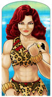 drawing giantess mega black_hair color long_hair clothed handheld cleavage domination giganta red_hair muscles costume wonder_woman looking_at_viewer leopard_print dc_comics thuddleston