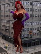 giantess city mega long_hair cleavage high_heels buildings huge_breasts gloves street red_hair dress hand standing jessica_rabbit pedicure disney digital_render onlooker tinythea