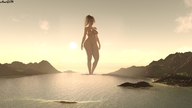breasts nipples giantess nude mega blonde long_hair ocean ponytail wading digital_render amgipi