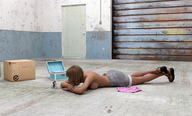 gentle blonde topless lying_down sandals shorts shrunken_man box runswithferrets manicure bike digital_render warehouse