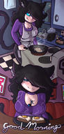 drawing gentle blushing black_hair color blue_eyes cleavage smiling kitchen shrunken_man cat_girl cooking apron eggs mspaintgts toast between_breasts skillet