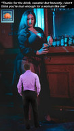 collage black_hair long_hair clothed cleavage high_heels huge_breasts dress shrunken_man looking_down bar dialogue squeezemeflat