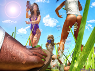bikini long_hair swimsuit barefoot water wet brunette sandals unaware shrunken_man grass women pedicure shirt digital_render johnnyscribe squirt_guns