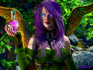 handheld purple_hair fairy shrunken_woman trapped forest looking_at_tiny digital_render flask johnnyscribe