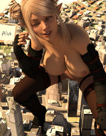breasts nipples city mega blonde long_hair buildings boots standing digital_render giantesslovermacro elf_woman