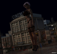 gentle giantess panties city blonde large_breasts long_hair bra high_heels buildings brunette cinema street standing garter_belt mini_skirt digital_render onlooker endlessrain0110