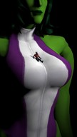 breasts gentle long_hair green_hair sitting muscles shrunken_man costume ant-man leotard chest green_skin digital_render on_breasts she-hulk marvel_comics atomicsfm