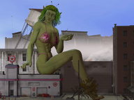 giantess city alien handheld barefoot cleavage bra buildings thong sitting muscles smallfrye sitting_on_building green_skin digital_render gas_station antennae