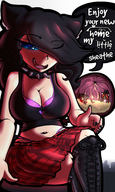 drawing vore black_hair color blue_eyes cleavage boots stomach collar cat_girl june plaid internal_view miniskirt mspaintgts