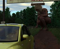 giantess nude blonde barefoot looking_down vehicles crouching runswithferrets sign digital_render