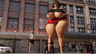 growth nipples giantess city upskirt blonde long_hair barefoot pubic_hair skirt buildings huge_breasts police mini_giantess amazon uniform nylons standing onlookers looking_up ripped_clothing police_car redfiredog digital_render rfd_comics