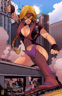 breasts drawing giantess city mega blonde color long_hair destruction rampage cleavage buildings gloves boots muscles looking_down highway mask vehicles fist straddling costume braid leotard spikes bare_legs supervillain ramartwork