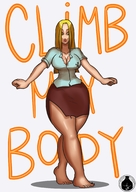 breasts drawing blonde color large_breasts barefoot cleavage green_eyes climbing body_exploration no_background looking_at_tinies entrecoxas