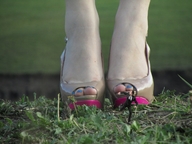collage feet high_heels running shrunken_man grass suit standing looking_up pedicure afraid msku