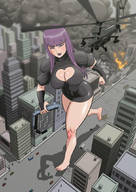 drawing giantess color large_breasts destruction clothed barefoot purple_hair running skyscraper cruel lilian subway_train evil_queen