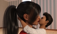 gentle black_hair long_hair clothed ponytail kissing shrunken_man embrace digital_render dofus59