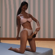 panties masturbation black_hair long_hair handheld barefoot cleavage bra domination ponytail navel between_legs shrunken_man digital_render dofus59