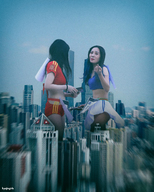 giantess collage city black_hair long_hair clothed skirt buildings asian shorts giantesses women standing top bare_midriff kyojingirls