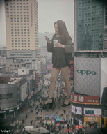 giantess collage city black_hair long_hair clothed high_heels buildings asian shorts drink walking onlookers purse sweater cellphone kyojingirls