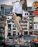 giantess collage city long_hair clothed skirt high_heels buildings brunette asian street sitting foot_crush looking_down onlookers shirt kyojingirls