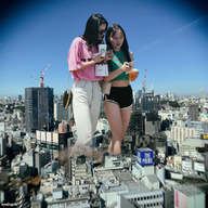 giantess collage city black_hair long_hair buildings asian shorts walking giantesses women pants shirt cellphone drinks kyojingirls