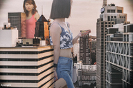 giantess collage city black_hair long_hair handheld buildings jeans brunette asian navel bus giantesses women top bare_midriff kyojingirls