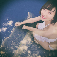 giantess collage panties city mega black_hair bra ocean smiling asian kneeling jets point_of_view looking_at_viewer runway kyojingirls