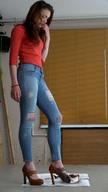 collage long_hair clothed high_heels jeans brunette domination foot_crush shrunken_man looking_down ripped_clothing