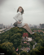 giantess collage city long_hair clothed skirt high_heels buildings brunette asian park sitting purse shirt kyojingirls