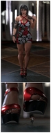 black_hair high_heels domination dress muscles running shrunken_man standing pedicure tattoo spawngts mini_skirt imminent_crush digital_render