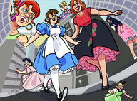 breasts drawing giantess city mega blonde black_hair color long_hair destruction clothed rampage skirt buildings glasses brunette domination multiple_sizes red_hair dress looking_down giantesses women milf molotav earrings