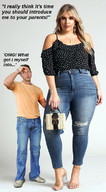 collage blonde long_hair clothed high_heels jeans amazon standing size_comparison purse shirt looking_at_viewer dialogue squeezeflat