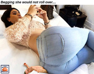 collage black_hair long_hair butt bed butt_crush jeans domination lying_down shrunken_man shirt cellphone squeezemeflat