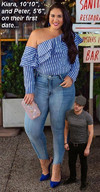 gentle collage black_hair long_hair clothed high_heels jeans smiling amazon standing size_comparison shirt looking_at_viewer squeezeflat