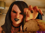 breasts nipples nude long_hair brunette domination reaching shrunken_people cruel standing crouching tattoo manicure necklace bread digital_render johnnyscribe