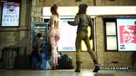 long_hair butt clothed high_heels brunette ponytail amazon standing alley digital_render fater stretch_pants bare_midriff vending_machine
