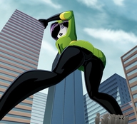 breasts drawing giantess city mega upskirt alien black_hair color butt clothed skirt buildings purple_eyes gloves legs looking_down onlookers costume crowds white_skin dc_comics shrinking_violet legion_of_superheroes ravenravenraven flower_in_hair hair_streak