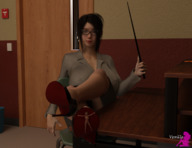 breasts nipples nude black_hair long_hair barefoot skirt high_heels glasses domination sitting teacher shrunken_woman desk shaven classroom clinging digital_render giantesslovermacro pointer